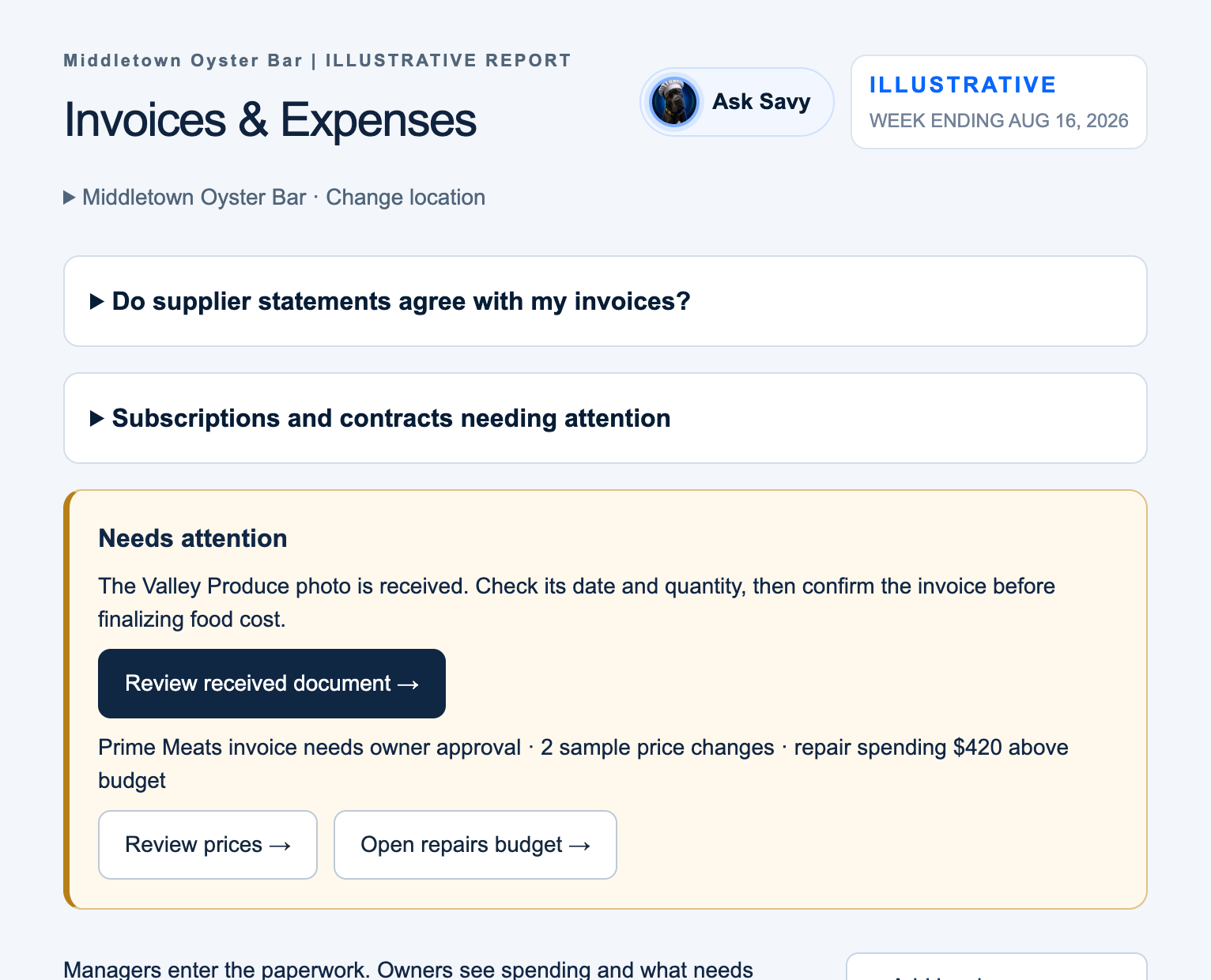 Invoices & Expenses in the OPSAVOR demo: a received Valley Produce photo waiting to be checked, and a Prime Meats invoice that needs owner approval.
