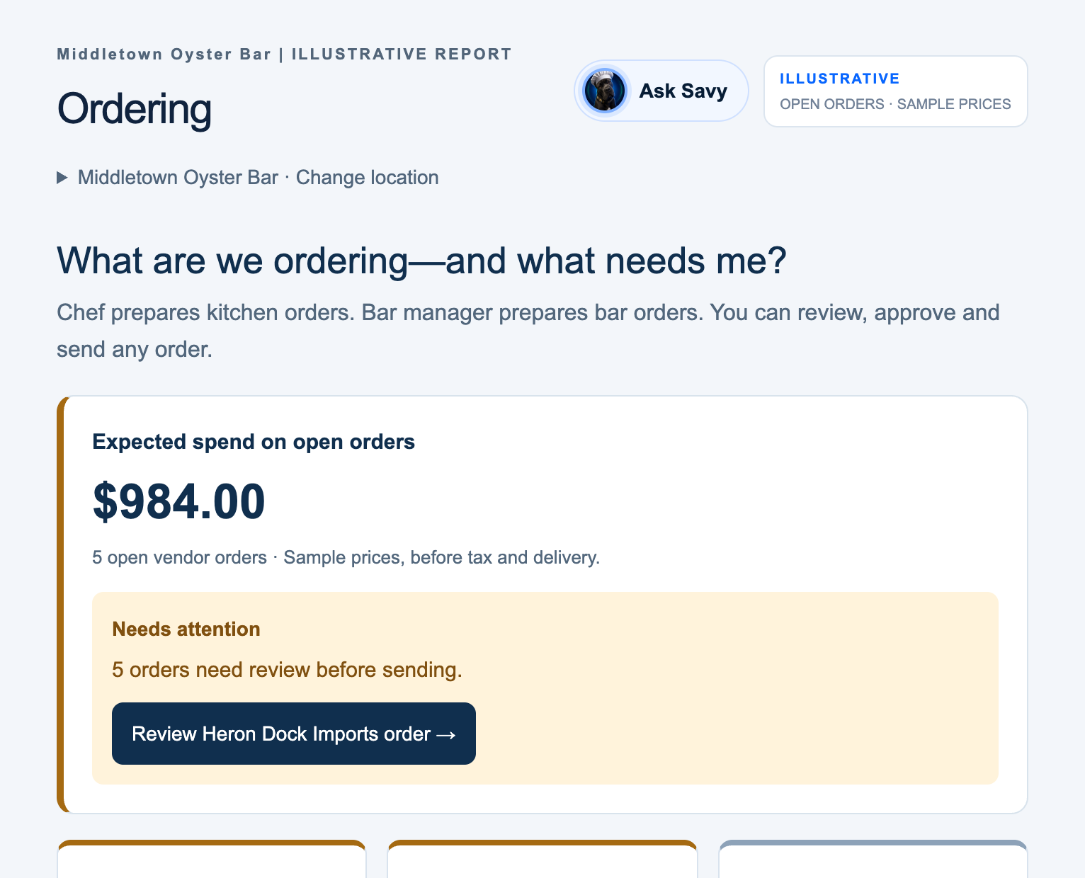 The Ordering screen in the OPSAVOR demo: $984.00 expected on five open vendor orders, with five orders needing review before sending.
